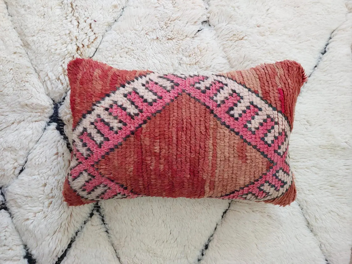 Vintage Boujaad Wool Cushion - Handmade Moroccan Tribal Pink Pillow Case MoroccanBazzArts