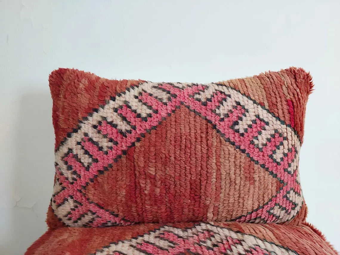 Vintage Boujaad Wool Cushion - Handmade Moroccan Tribal Pink Pillow Case MoroccanBazzArts