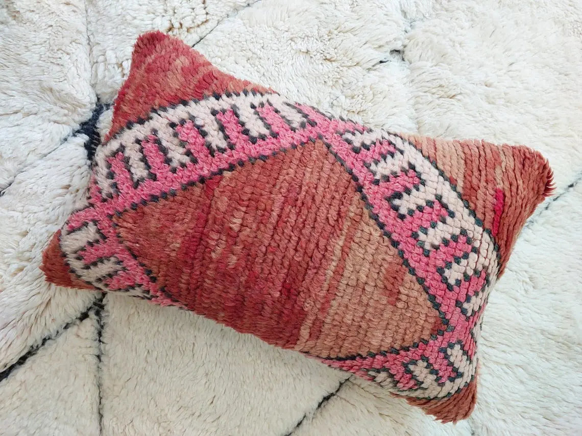 Vintage Boujaad Wool Cushion - Handmade Moroccan Tribal Pink Pillow Case MoroccanBazzArts