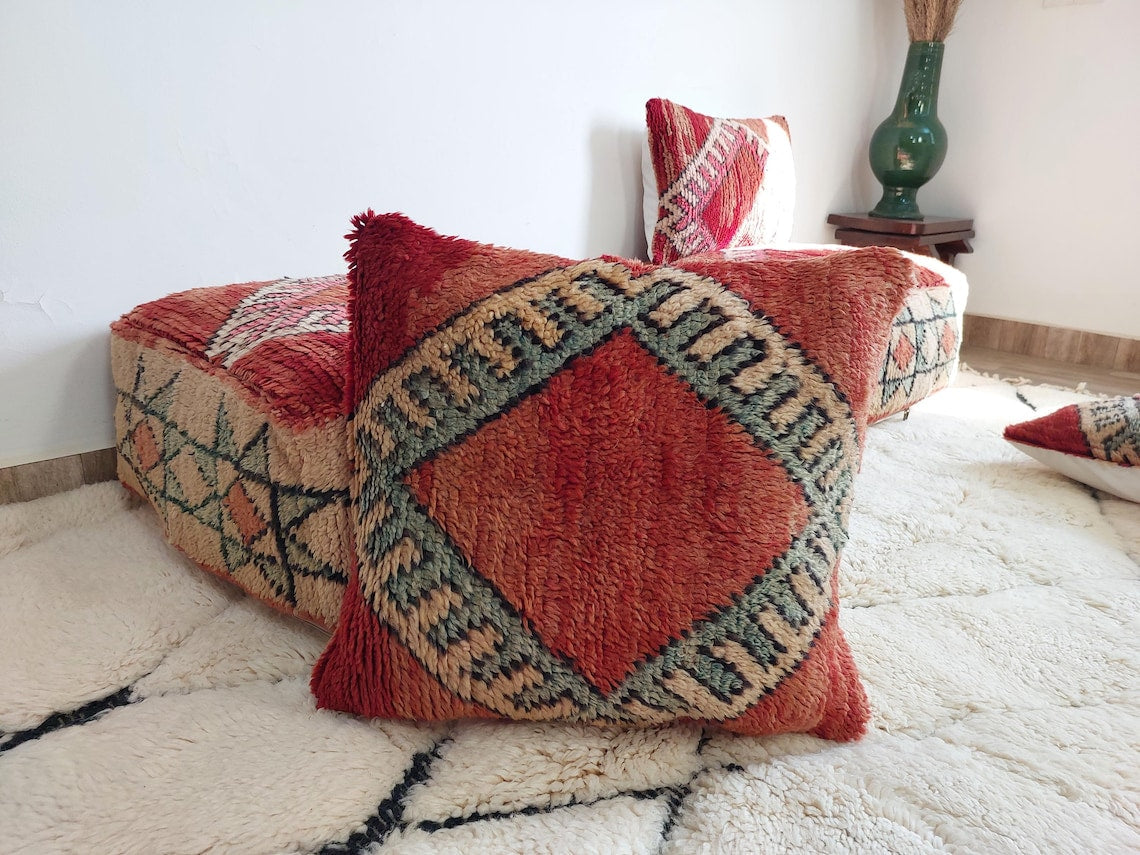 Vintage Boujaad Wool Cushion - Handmade Moroccan Tribal green Pillow Case MoroccanBazzArts