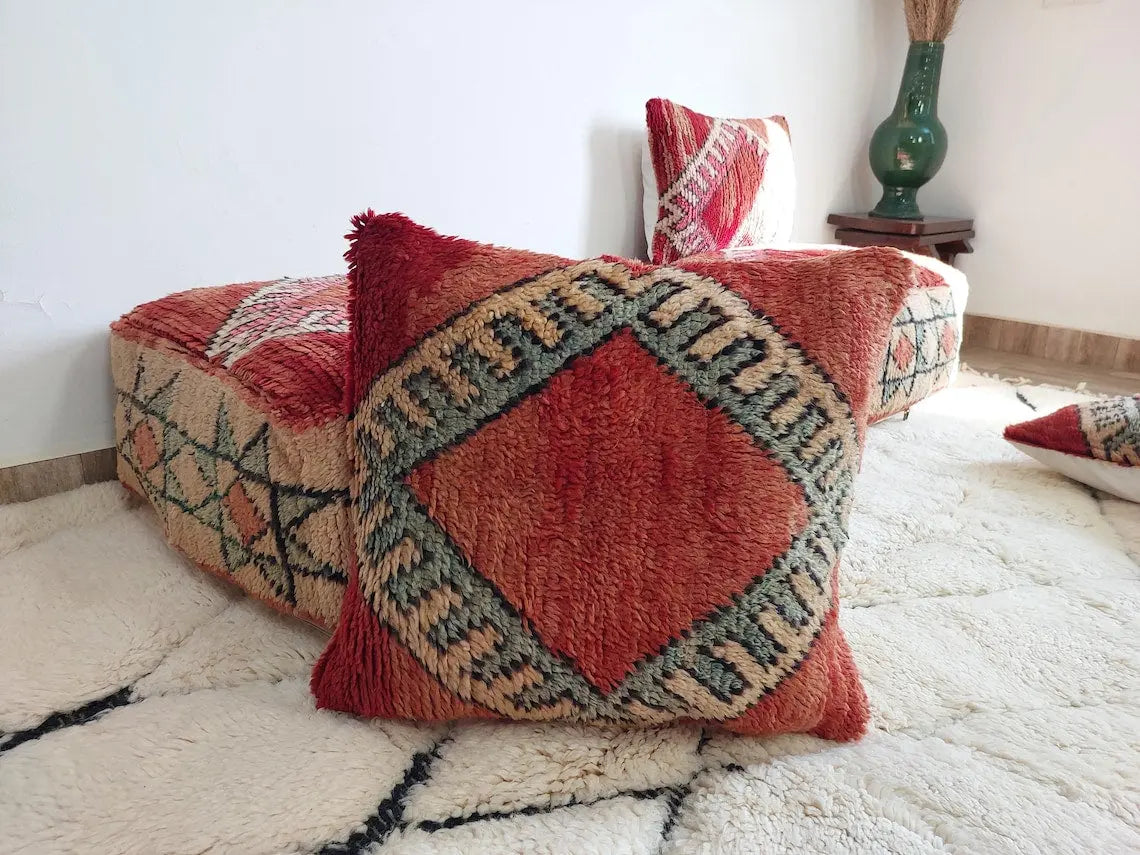 Vintage Boujaad Wool Cushion - Handmade Moroccan Tribal green Pillow Case MoroccanBazzArts