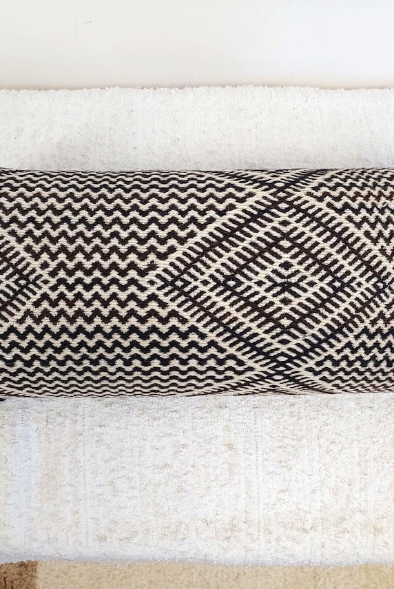 Vintage Zanafi Bolster Pillow 9"X22" , Handmade Moroccan Wool Cushion, Black And White Tribal Boho Decor, Rug Pillow With Zipper MoroccanBazzArts