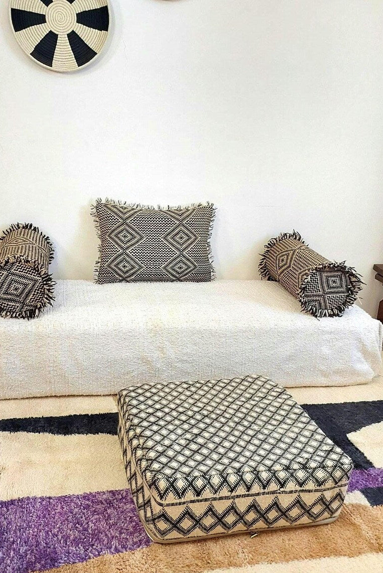 Vintage Zanafi Bolster Pillow 9"X22" , Handmade Moroccan Wool Cushion, Black And White Tribal Boho Decor, Rug Pillow With Zipper MoroccanBazzArts
