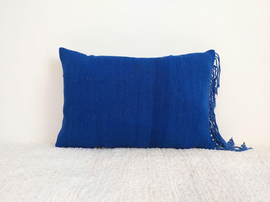 Vintage Blue Wool Pillow Cover 16x24 inches – Handmade from Beni Mguild Blanket with Fringe & Zipper | Moroccan Lumbar Cushion MoroccanBazzArts