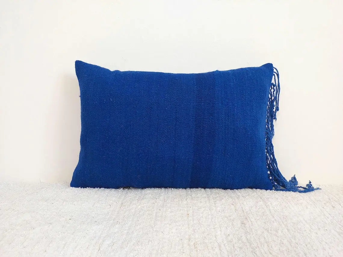 Vintage Blue Wool Pillow Cover 16x24 inches – Handmade from Beni Mguild Blanket with Fringe & Zipper | Moroccan Lumbar Cushion MoroccanBazzArts