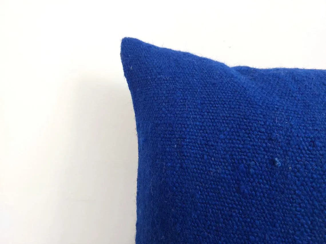 Vintage Blue Wool Pillow Cover 16x24 inches – Handmade from Beni Mguild Blanket with Fringe & Zipper | Moroccan Lumbar Cushion MoroccanBazzArts