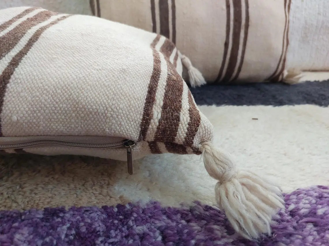 Set Of Two Striped Berber Wool Cushion With Pom Pom - Handmade From Vintage Woolen Blanket MoroccanBazzArts