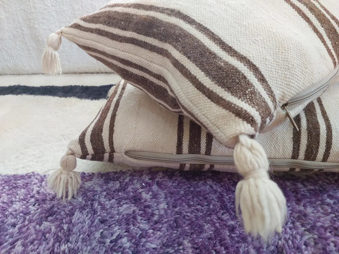 Set Of Two Striped Berber Wool Cushion With Pom Pom - Handmade From Vintage Woolen Blanket MoroccanBazzArts