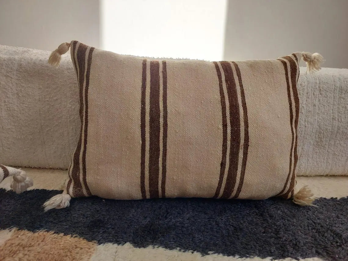 Set Of Two Striped Berber Wool Cushion With Pom Pom - Handmade From Vintage Woolen Blanket MoroccanBazzArts
