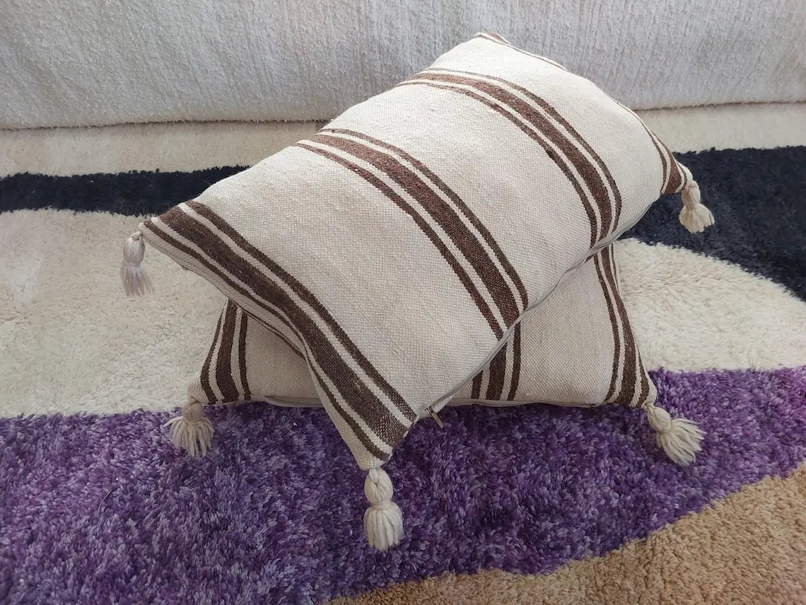 Set Of Two Striped Berber Wool Cushion With Pom Pom - Handmade From Vintage Woolen Blanket MoroccanBazzArts