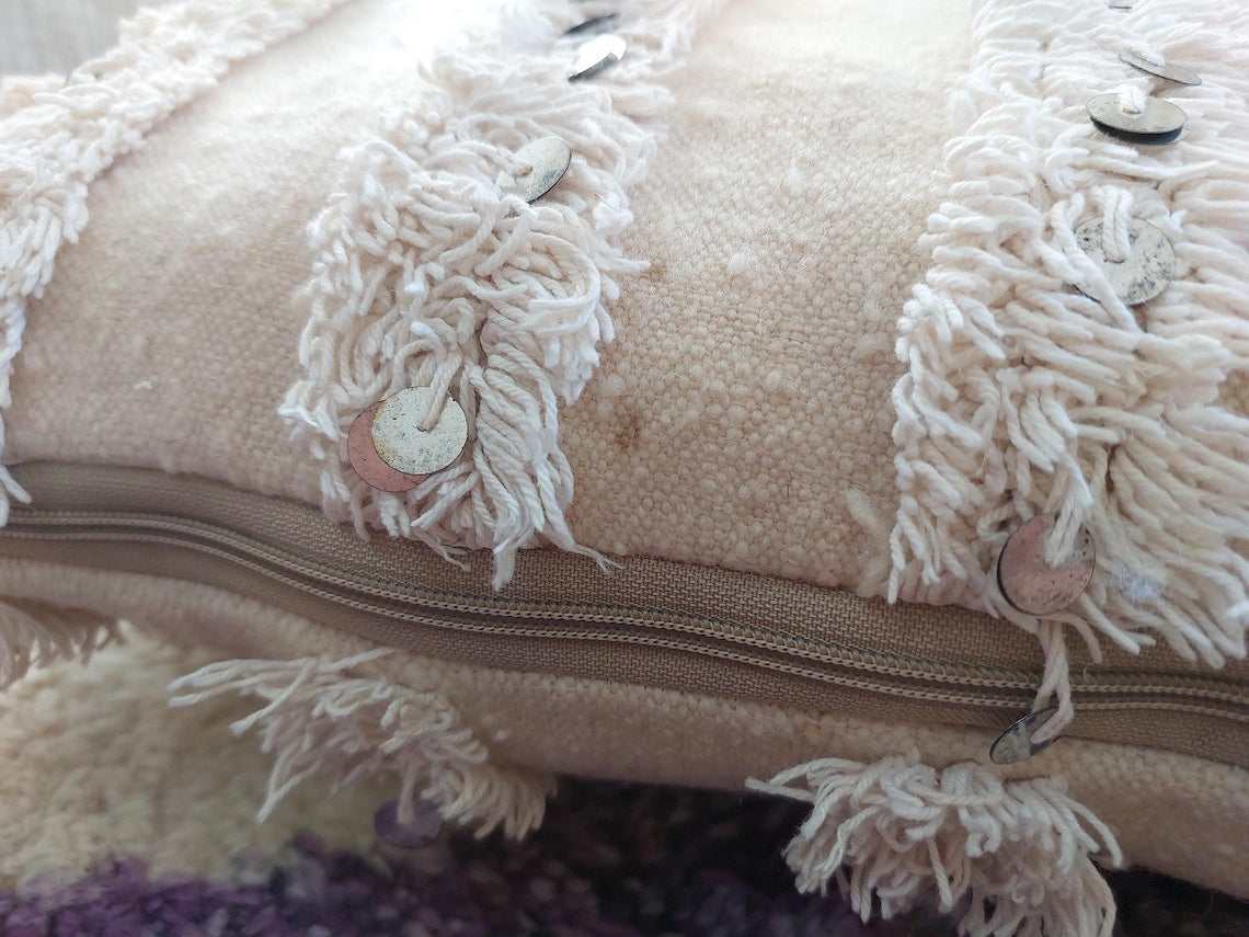 Double Sided Berber Wedding Blanket Throw Pillow, Pom Pom Handira Pillow Case, Sequines Woolen Pillow. 20"×20" MoroccanBazzArts
