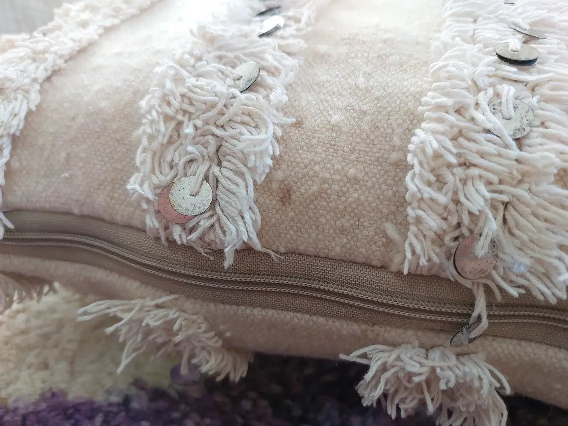 Double Sided Berber Wedding Blanket Throw Pillow, Pom Pom Handira Pillow Case, Sequines Woolen Pillow. 20"×20" MoroccanBazzArts