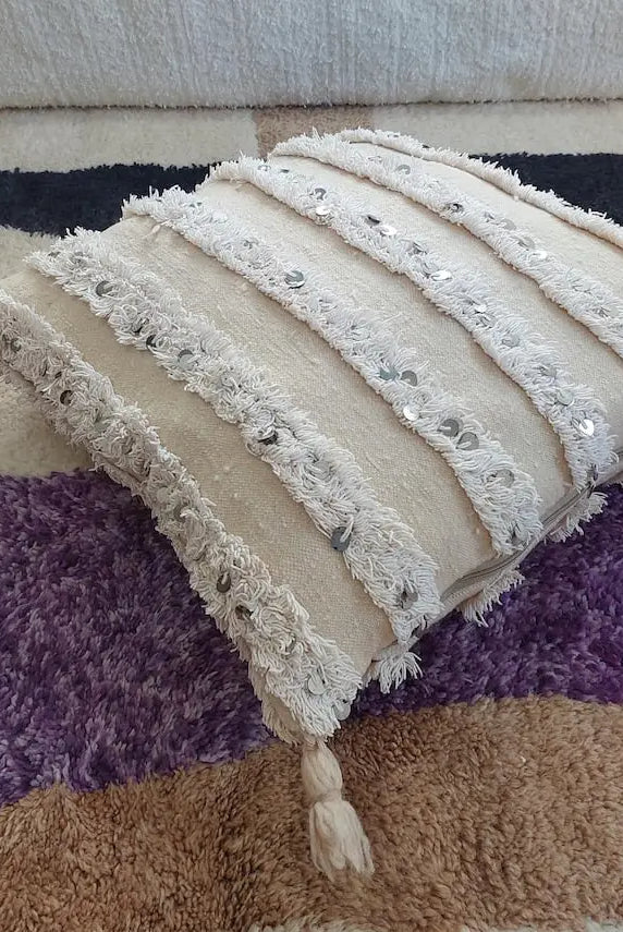 Double Sided Berber Wedding Blanket Throw Pillow, Pom Pom Handira Pillow Case, Sequines Woolen Pillow. 20"×20" MoroccanBazzArts
