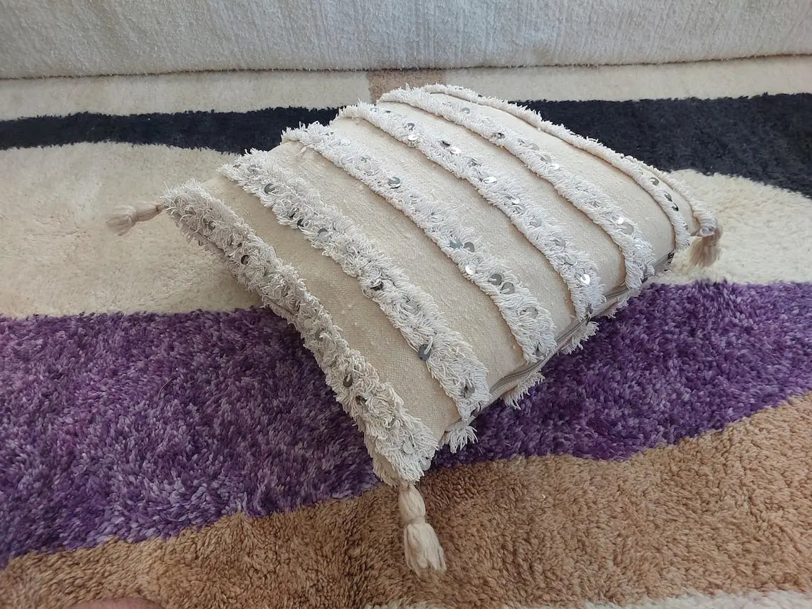Double Sided Berber Wedding Blanket Throw Pillow, Pom Pom Handira Pillow Case, Sequines Woolen Pillow. 20"×20" MoroccanBazzArts