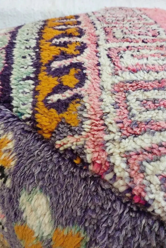 Pink Pouf Wool Footstool: Vintage Moroccan Berber Handmade Ottoman, Colorful Geometric Pattern MoroccanBazzArts