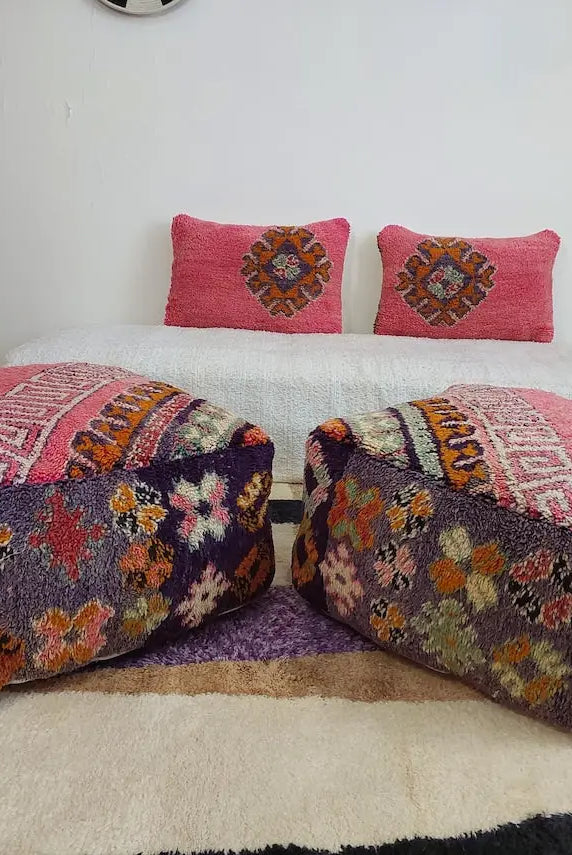 Pink Pouf Wool Footstool: Vintage Moroccan Berber Handmade Ottoman, Colorful Geometric Pattern MoroccanBazzArts