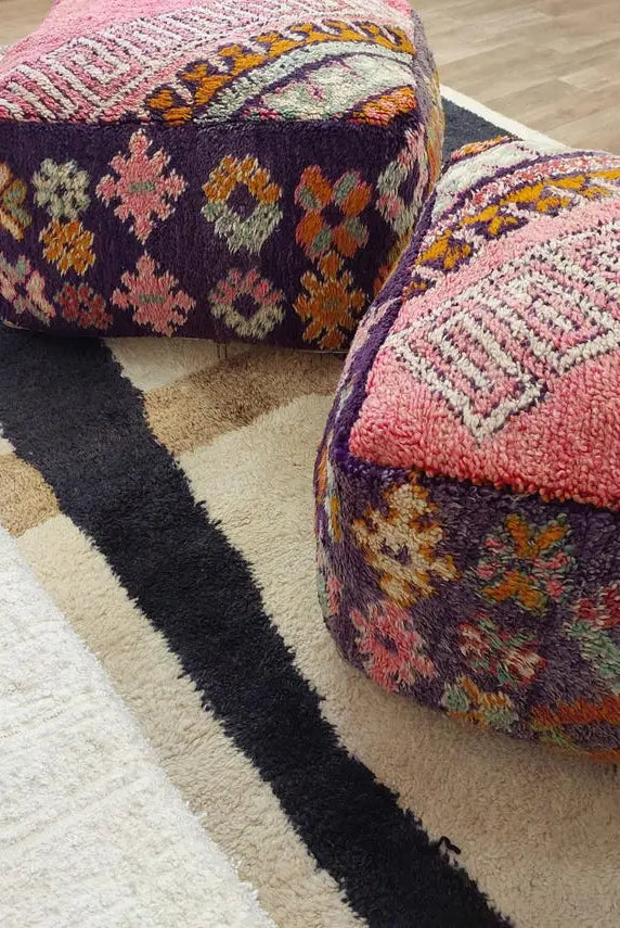 Pink Pouf Wool Footstool: Vintage Moroccan Berber Handmade Ottoman, Colorful Geometric Pattern MoroccanBazzArts