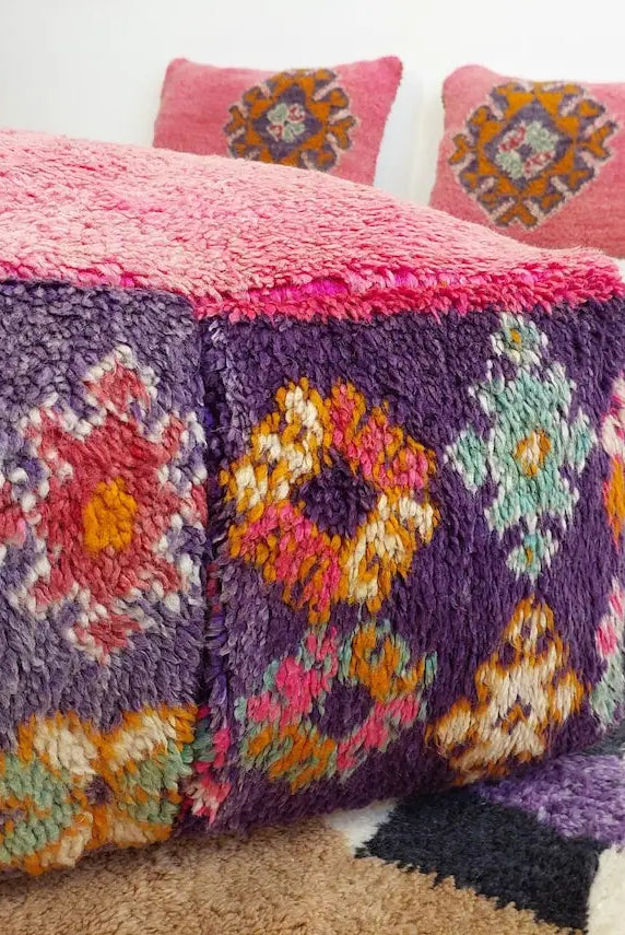 Pink Pouf Wool Footstool: Vintage Moroccan Berber Handmade Ottoman, Colorful Geometric Pattern MoroccanBazzArts
