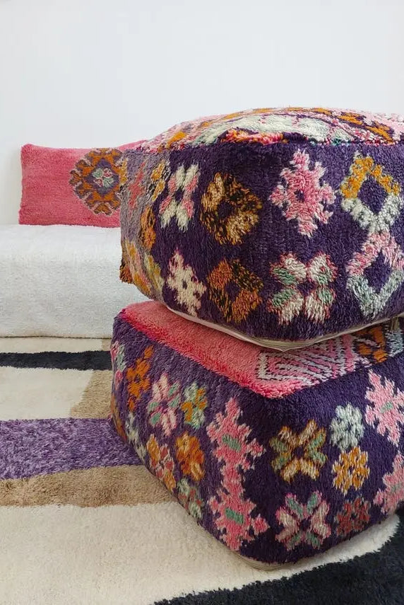 Pink Pouf Wool Footstool: Vintage Moroccan Berber Handmade Ottoman, Colorful Geometric Pattern MoroccanBazzArts