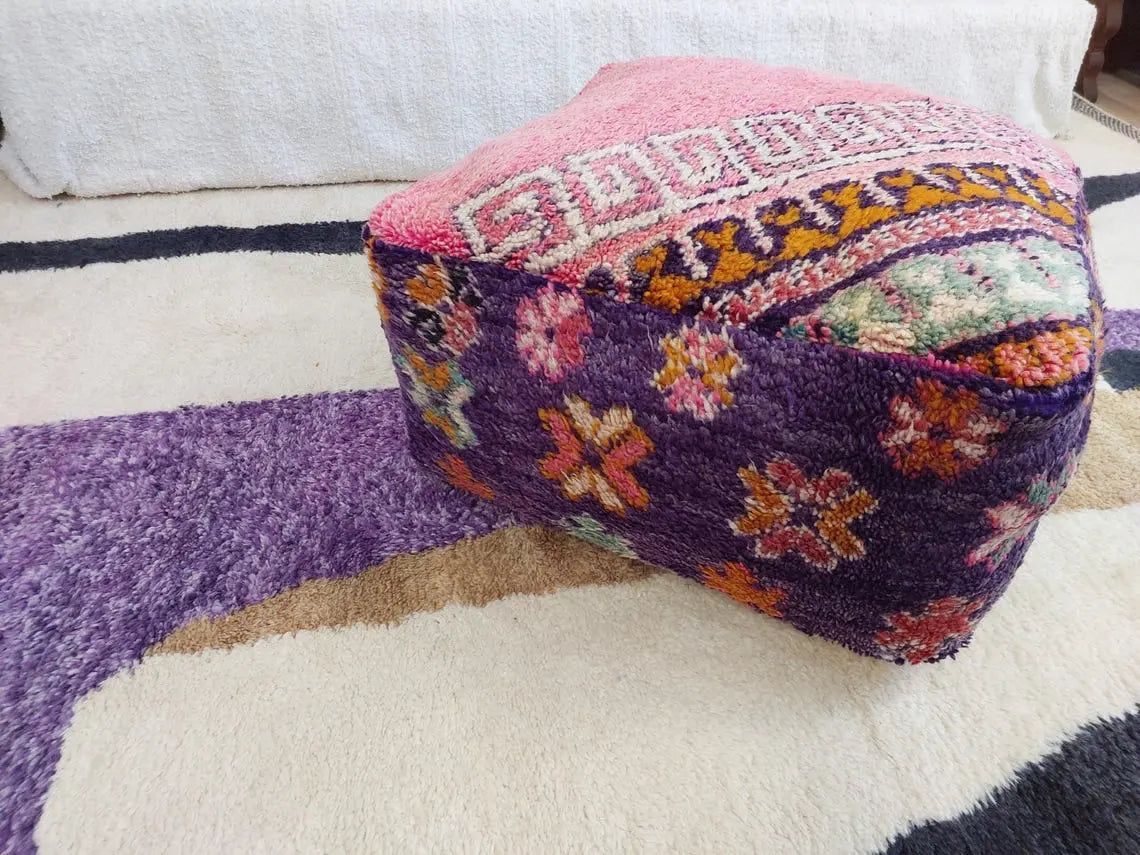 Vintage Moroccan Berber Wool Pouf: Handmade Colorful Floor Cushion Ottoman For Bohemian Decor , High Quality Pink Pouf MoroccanBazzArts