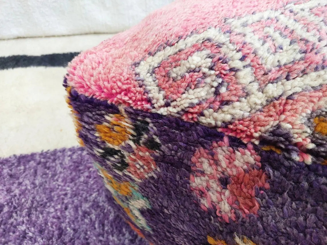 Vintage Moroccan Berber Wool Pouf: Handmade Colorful Floor Cushion Ottoman For Bohemian Decor , High Quality Pink Pouf MoroccanBazzArts