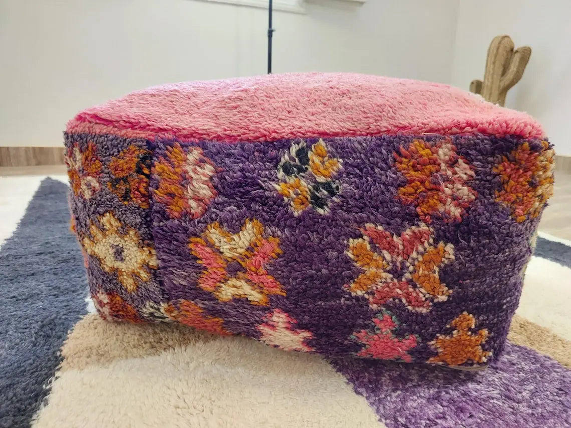 Vintage Moroccan Berber Wool Pouf: Handmade Colorful Floor Cushion Ottoman For Bohemian Decor , High Quality Pink Pouf MoroccanBazzArts