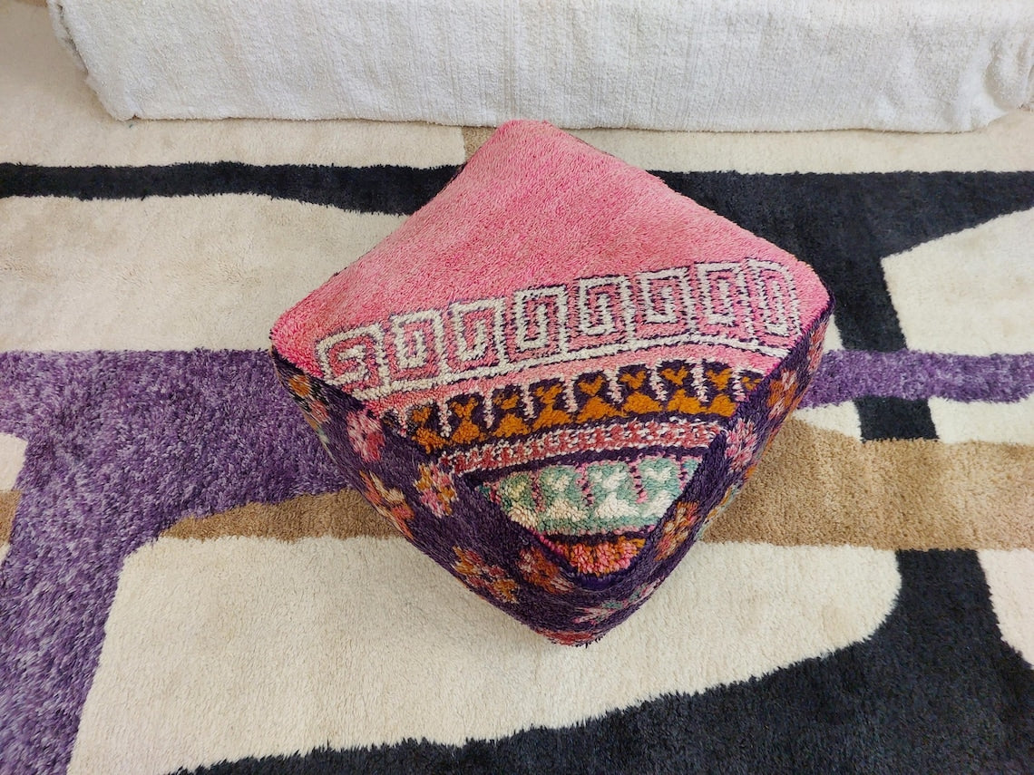 Vintage Moroccan Berber Wool Pouf: Handmade Colorful Floor Cushion Ottoman For Bohemian Decor , High Quality Pink Pouf MoroccanBazzArts