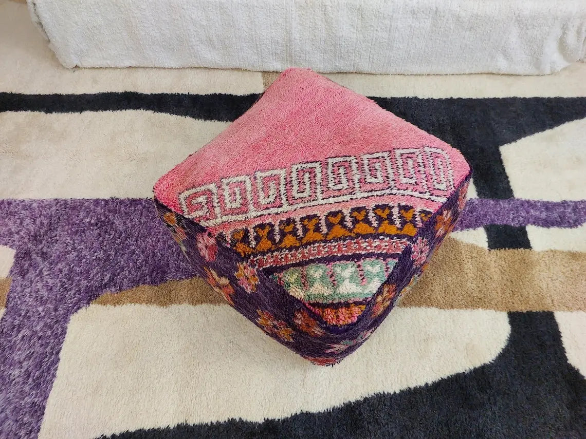 Vintage Moroccan Berber Wool Pouf: Handmade Colorful Floor Cushion Ottoman For Bohemian Decor , High Quality Pink Pouf MoroccanBazzArts