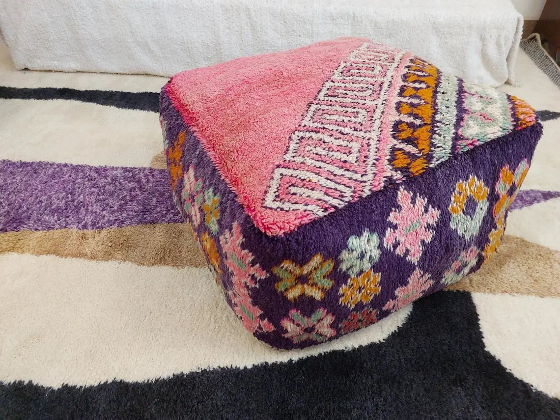 Vintage Moroccan Berber Wool Pouf: Handmade Colorful Floor Cushion Ottoman For Bohemian Decor , High Quality Pink Pouf MoroccanBazzArts