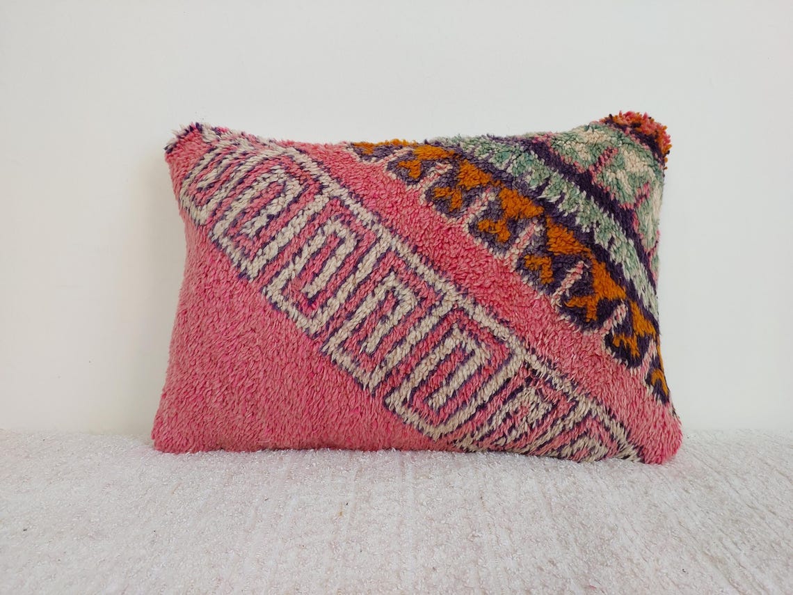 Vintage Boujaad Wool Cushion - Handmade Moroccan Tribal Pink Pillow Case MoroccanBazzArts