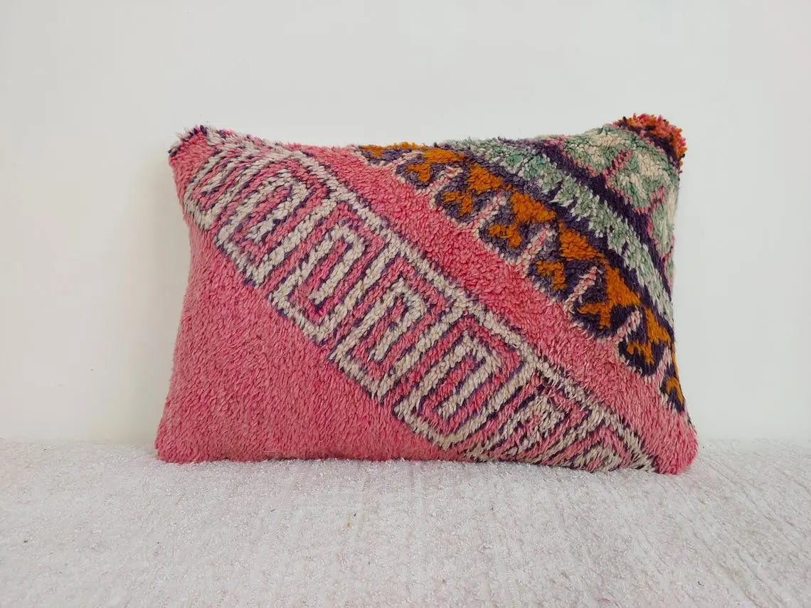 Vintage Boujaad Wool Cushion - Handmade Moroccan Tribal Pink Pillow Case MoroccanBazzArts