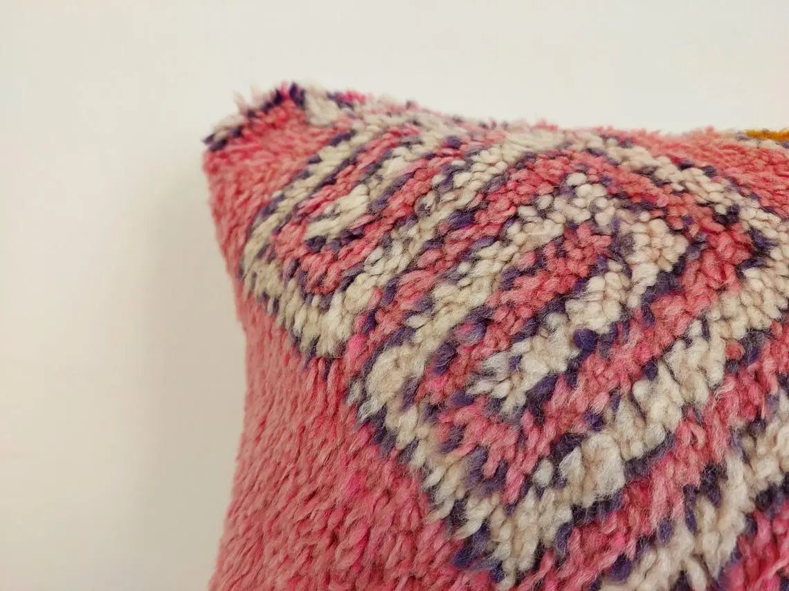 Vintage Boujaad Wool Cushion - Handmade Moroccan Tribal Pink Pillow Case MoroccanBazzArts