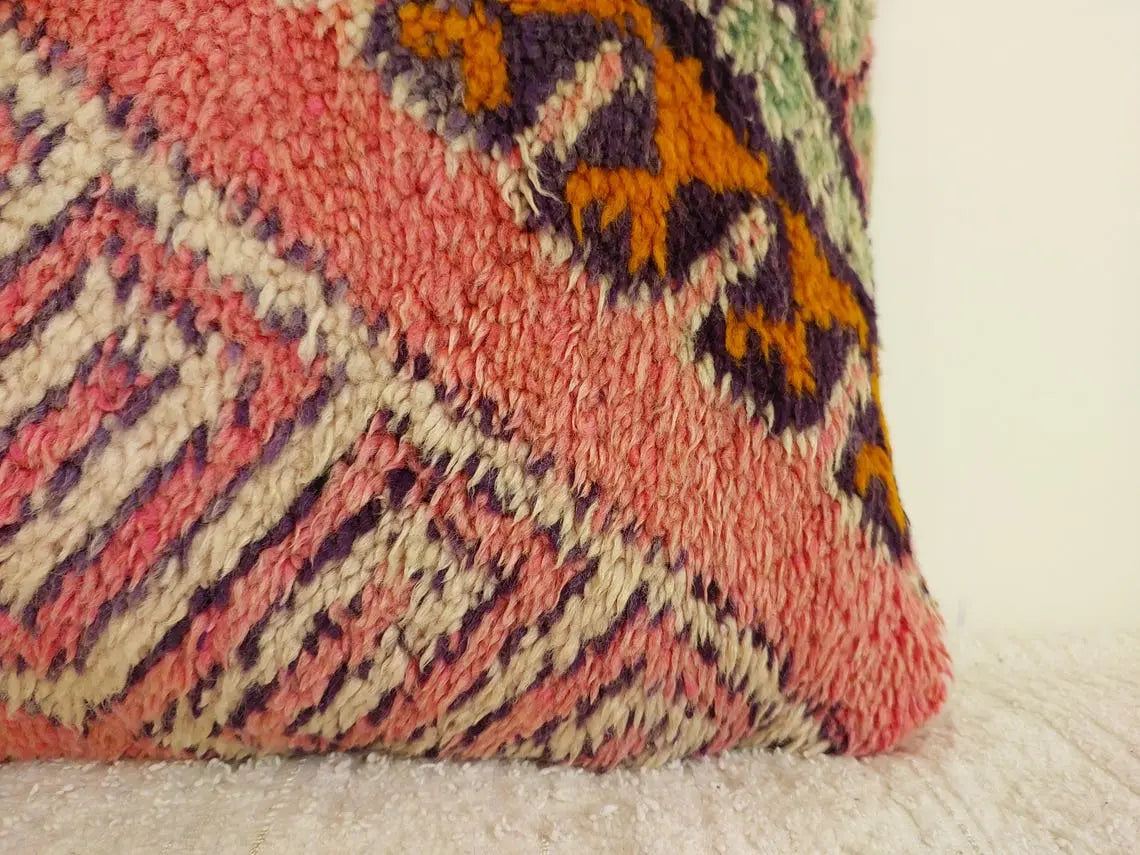 Vintage Boujaad Wool Cushion - Handmade Moroccan Tribal Pink Pillow Case MoroccanBazzArts