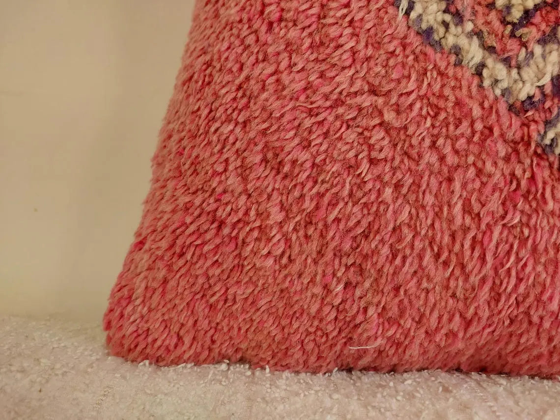 Vintage Boujaad Wool Cushion - Handmade Moroccan Tribal Pink Pillow Case MoroccanBazzArts