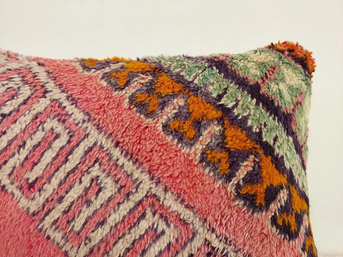 Vintage Boujaad Wool Cushion - Handmade Moroccan Tribal Pink Pillow Case MoroccanBazzArts