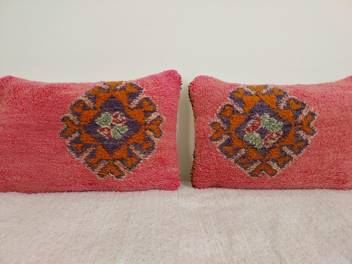 Vintage Pretty Wool Cushion - Handmade Moroccan Tribal Pink Pillow Case MoroccanBazzArts