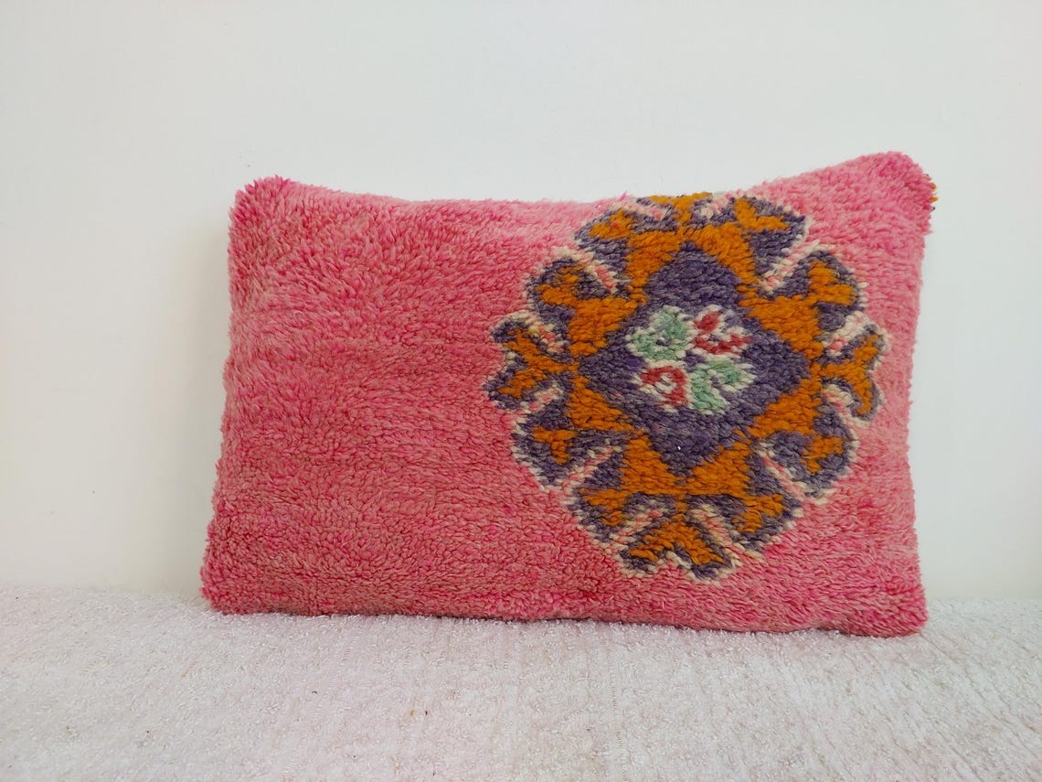 Vintage Pretty Wool Cushion - Handmade Moroccan Tribal Pink Pillow Case MoroccanBazzArts