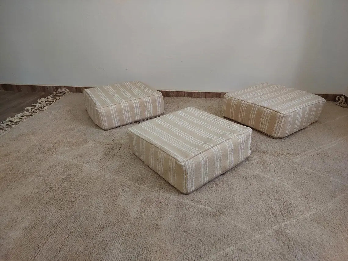 Handmade Moroccan Kilim Pouf , Neutral Berber Wool Ottoman , Flatweave Kilim Poufs, Bohemian Home Decor MoroccanBazzArts