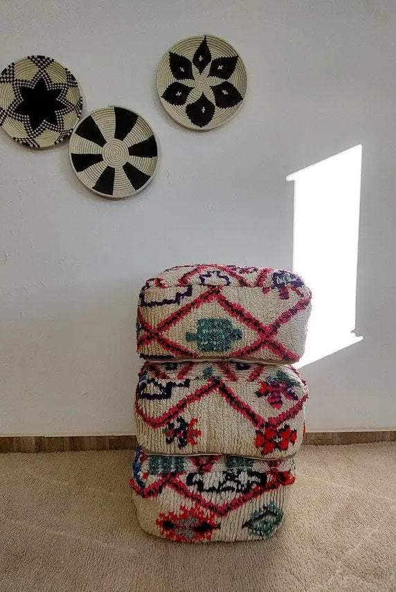Vintage Moroccan Berber Wool Pouf: Handmade Colorful Floor Cushion Ottoman For Bohemian Decor , High Quality Pink Pouf MoroccanBazzArts