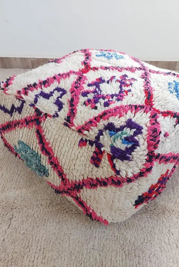 Vintage Moroccan Berber Wool Pouf: Handmade Colorful Floor Cushion Ottoman For Bohemian Decor , High Quality Pink Pouf MoroccanBazzArts