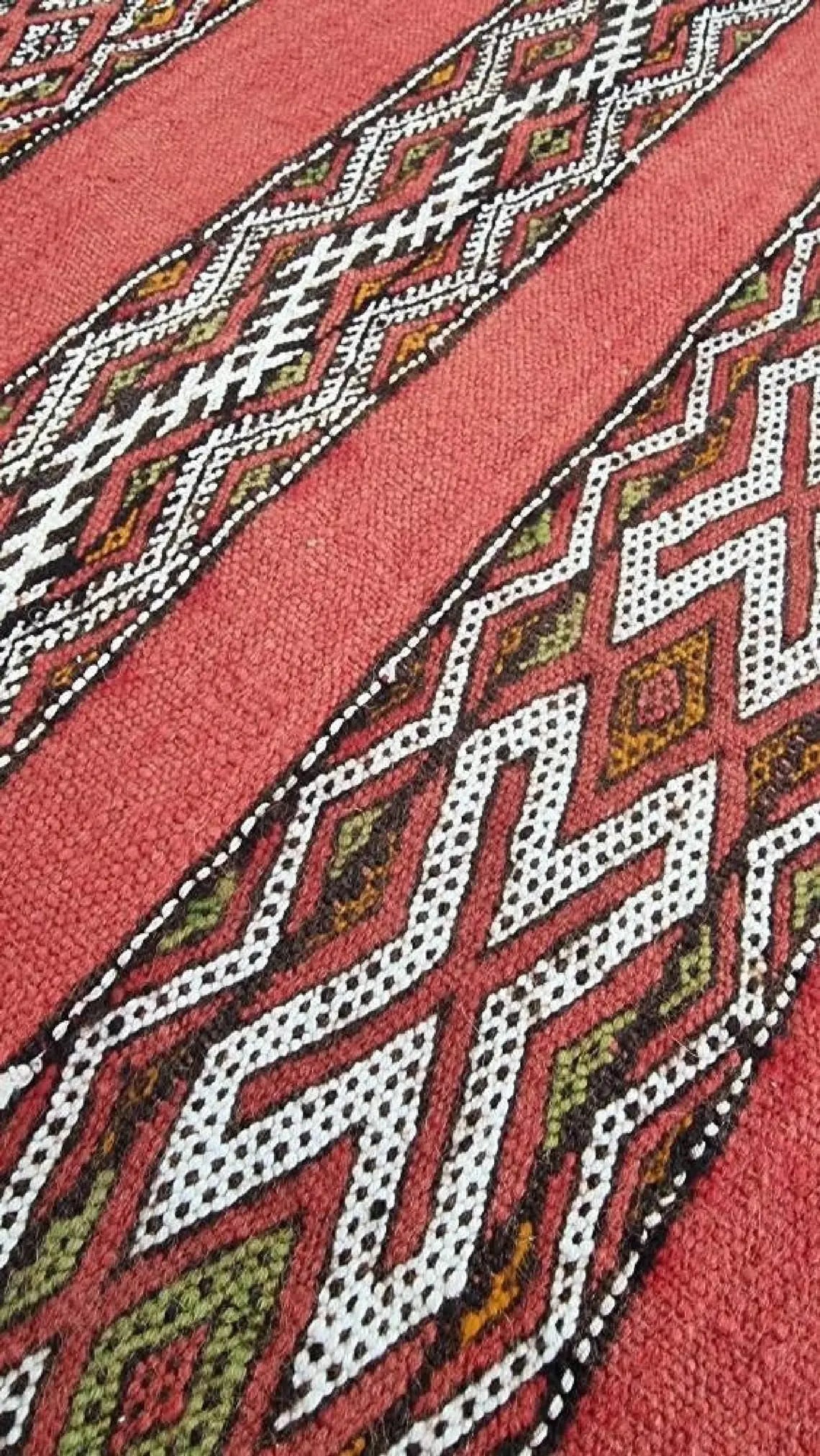 Moroccan Stripe Rug Red Ivory Wool 10'x5'6 Geometric Flatweave Kilim Pattern MoroccanBazzArts