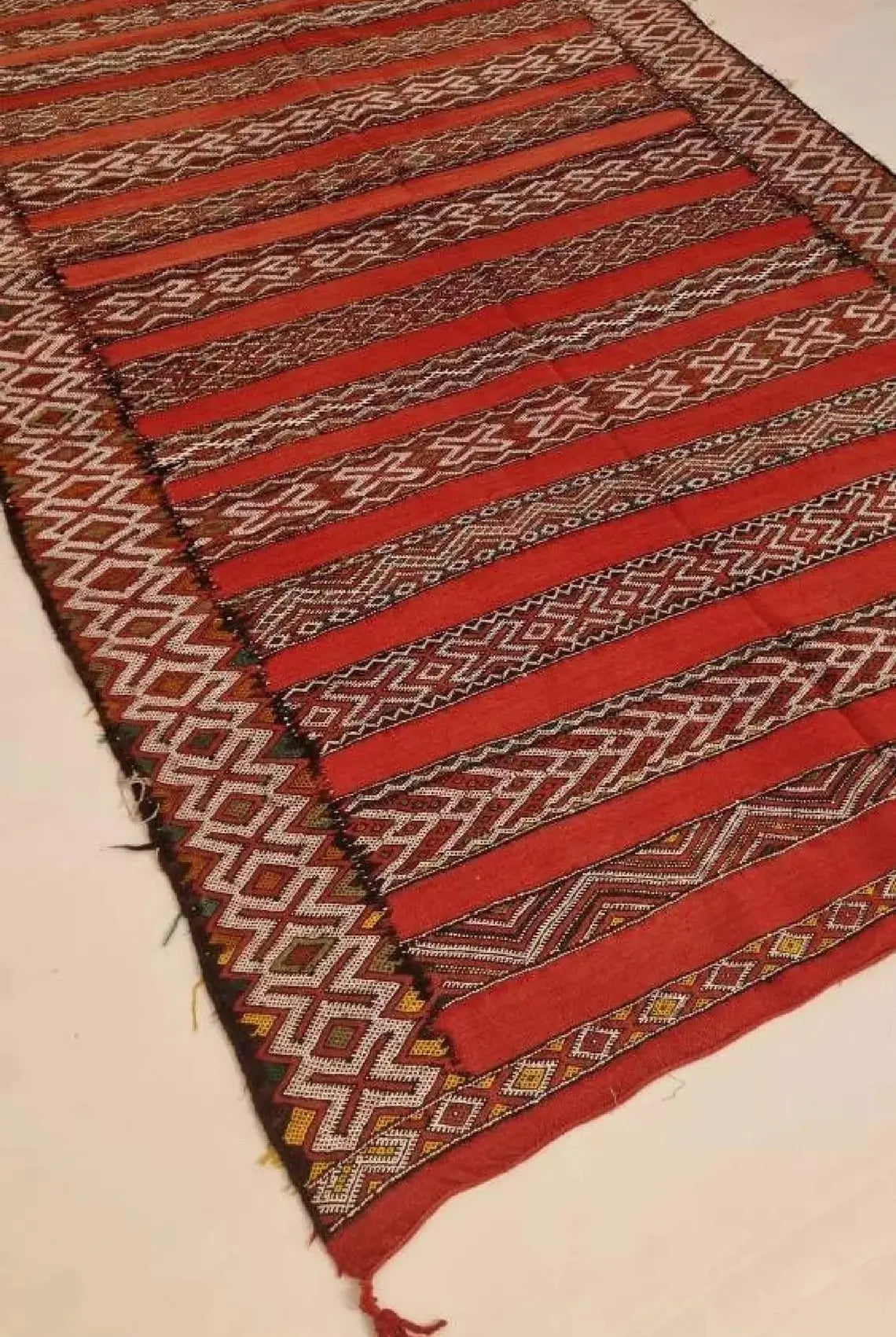 Moroccan Stripe Rug Red Ivory Wool 10'x5'6 Geometric Flatweave Kilim Pattern MoroccanBazzArts
