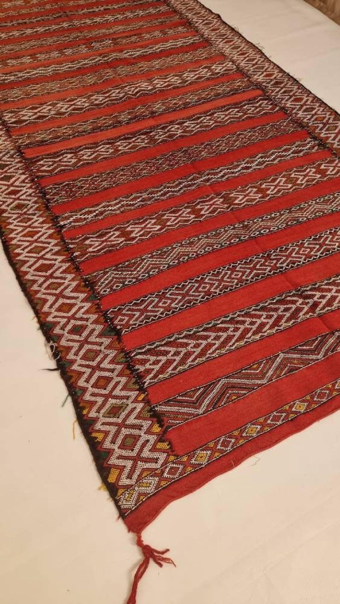 Moroccan Stripe Rug Red Ivory Wool 10'x5'6 Geometric Flatweave Kilim Pattern MoroccanBazzArts