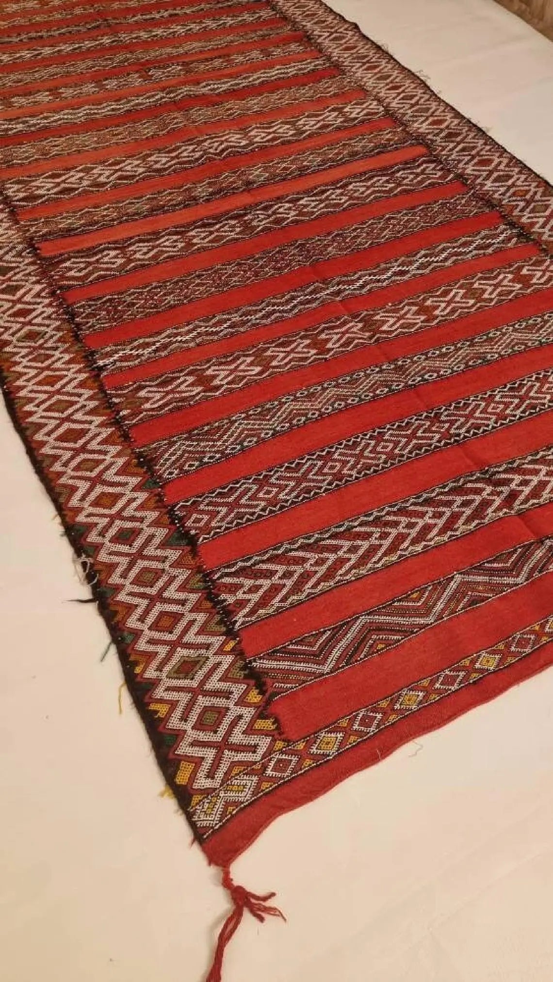 Moroccan Stripe Rug Red Ivory Wool 10'x5'6 Geometric Flatweave Kilim Pattern MoroccanBazzArts