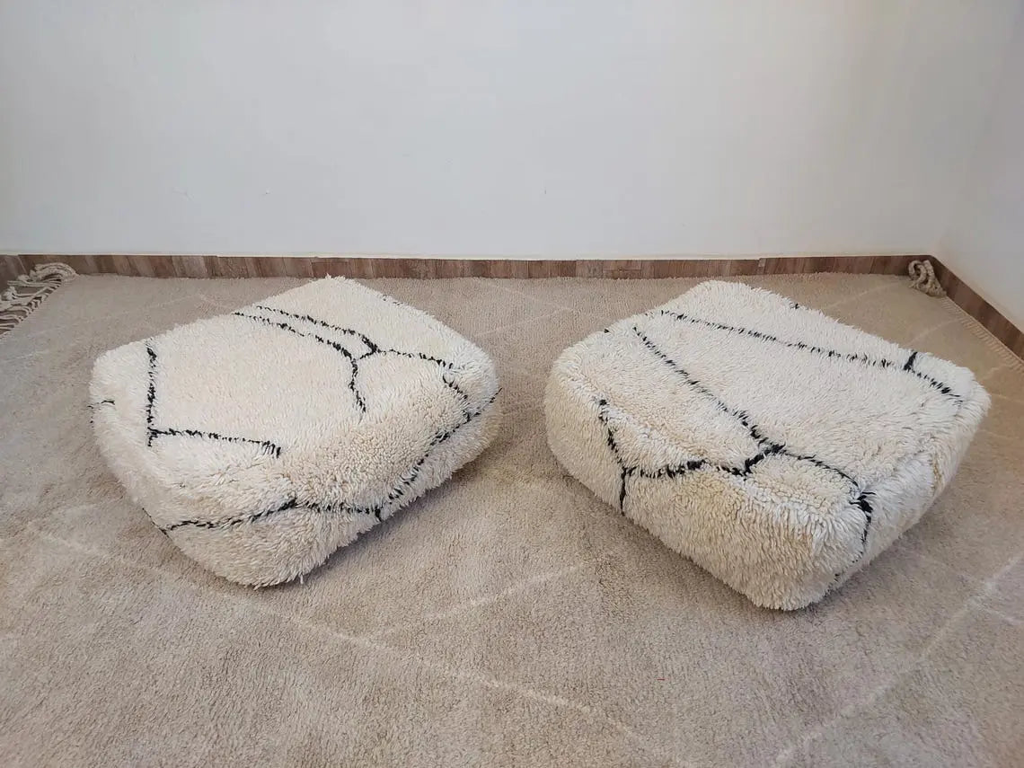 Moroccan Pouf Wool Floor Cushion: Handmade Beni Ourain Ottoman, Vintage Bohemian Wool Seat MoroccanBazzArts