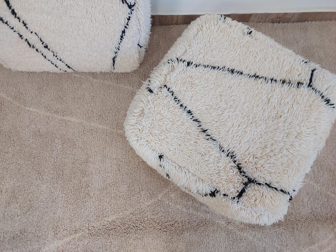 Moroccan Pouf Wool Floor Cushion: Handmade Beni Ourain Ottoman, Vintage Bohemian Wool Seat MoroccanBazzArts