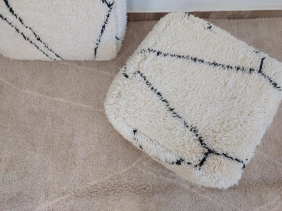 Moroccan Pouf Wool Floor Cushion: Handmade Beni Ourain Ottoman, Vintage Bohemian Wool Seat MoroccanBazzArts
