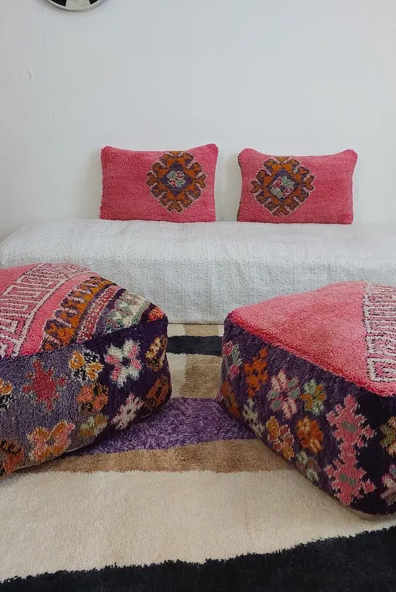 Pink Pouf Wool Footstool: Vintage Moroccan Berber Handmade Ottoman, Colorful Geometric Pattern MoroccanBazzArts