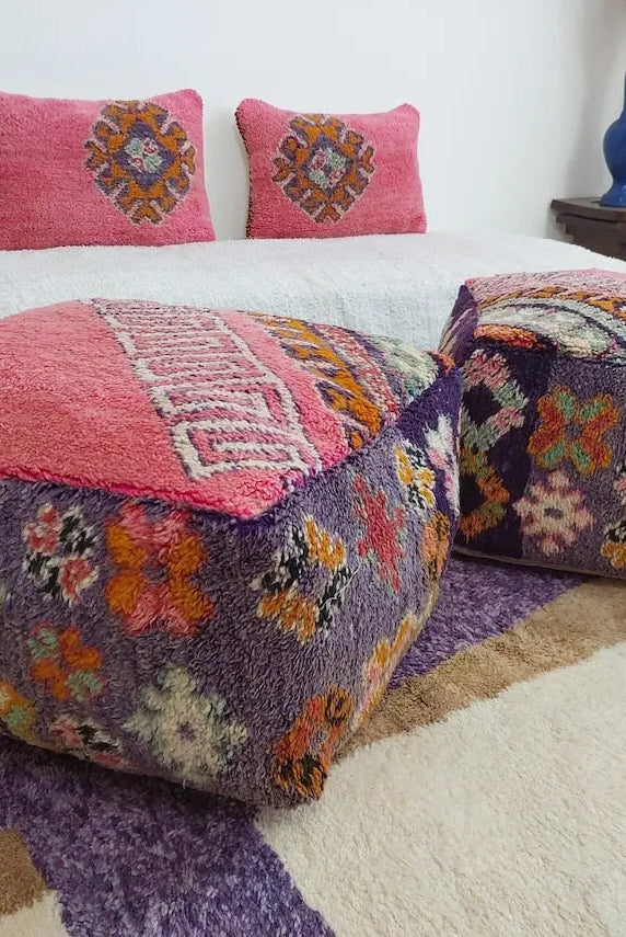Pink Pouf Wool Footstool: Vintage Moroccan Berber Handmade Ottoman, Colorful Geometric Pattern MoroccanBazzArts