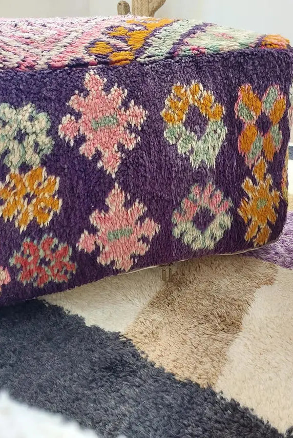 Pink Pouf Wool Footstool: Vintage Moroccan Berber Handmade Ottoman, Colorful Geometric Pattern MoroccanBazzArts